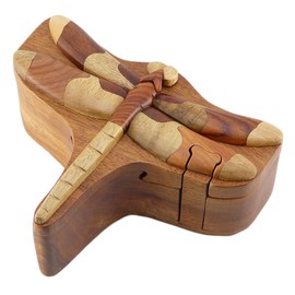 Dragonfly Handmade Carved Wood Intarsia Puzzle Box