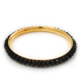 Avalaya Black Glass Slim Bangle Bracelet In Gold Plating - up to 18cm Length