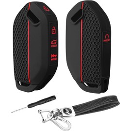 QBUC for 2PCS Kia Key Fob Cover with Keychain Soft Silicone Protection Compatible with 2023-2026 Kia Telluride 5 Buttons (Black Red+Black Red)