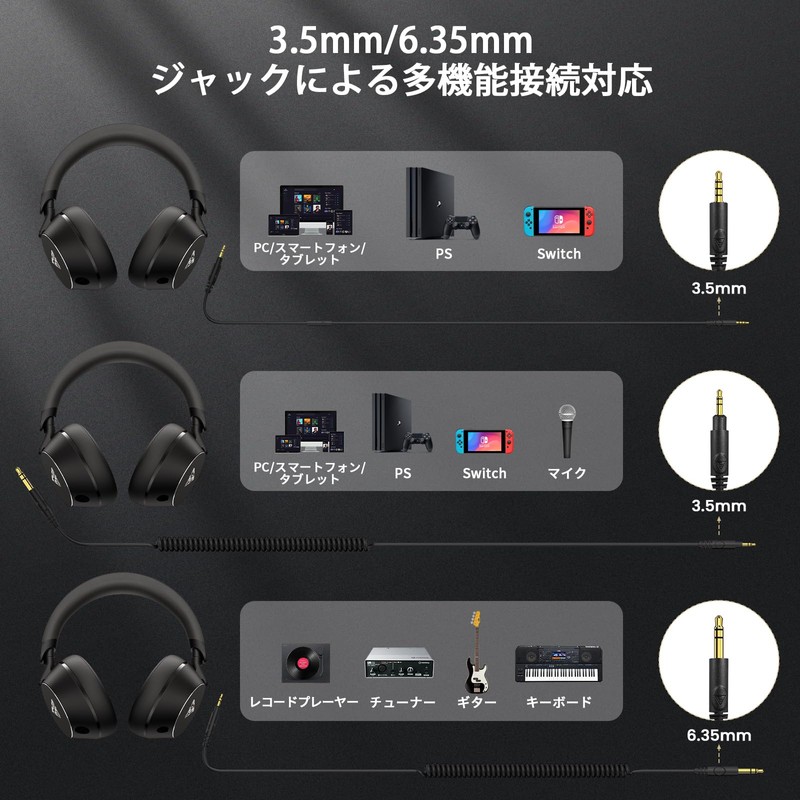 DOQAUS(ドカアス) ヘッドホン 有線 マイク付き 50mm ドライバー モニターヘッドホン 3.5mm/6.35mm両対応 密閉型 音楽シェア機能