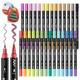 28 Metallic Colors Dual Tip Acrylic Paint Markers, Brush Tip and Fine Tip Acrylic Paint Pens for Rock, Ceramic, Wood, Canvas, Plastic, Glass, Stone, Calligraphy, Card Making, Crafts & Nail Art