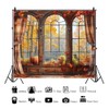 DASHAN 10x8ft Fall Window Photo Backdrop - Maple Leaves Autumn