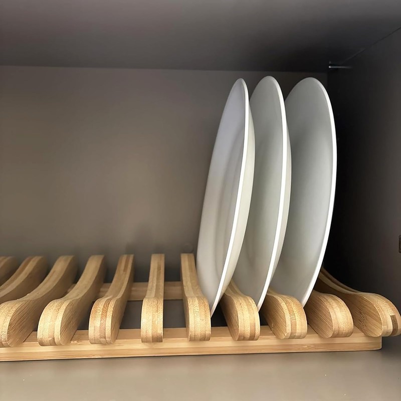 Frcctre Bamboo Dish Drying Rack, 10 Slots Bamboo Cabinet Plate