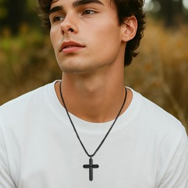 FLHEART Stainless Steel Cross Necklace for Men, Silver Black Gold Cross Pendant Jesus Necklace Chain, Non Tarnish Sturdy Mens Christian Jewelry Gifts for Him Baptism Confirmation Birthday, 24 Inch