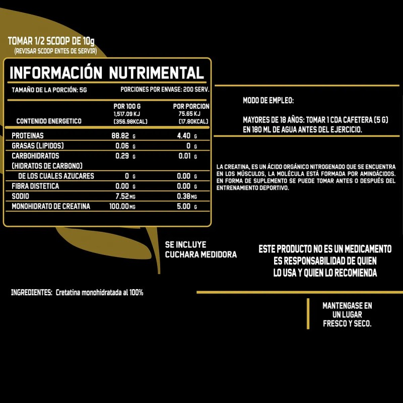 Creatina Monohidratada Bigg Prote 1 Kg 200 Servicios Sabores Sabor