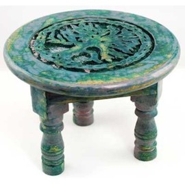 New Age Imports Round Tree of Life Altar Table, Rustic Green, Magenta