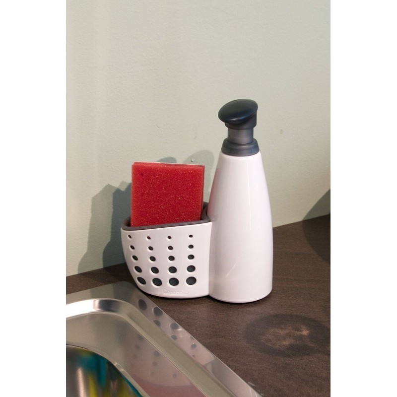 Casabella Sink Sider Kitchen Soap Pump and Sponge Caddy, White/Gray