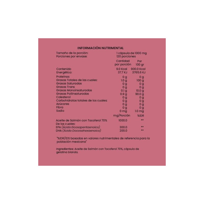 Omega 3 Suplemento Alimenticio Aceite Salmón Ingredientes Naturales 120 Capsulas