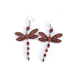 Vintage Retro Dragonfly Crystal Beads Dangle Drop Statement Earrings for Women Mother Lover Gift Exaggerated Rhinestone Animal Earring Friendship Jewelry-D red