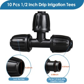 Kepmix 1/2" Drip Irrigation Tee Fittings: 10-Piece Barbed Locked Nut Tee Connectors for 1/2" Drip Tubing (0.650" OD, 13mm ID)