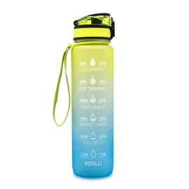 Motivational Water Bottle, Large capacity 32oz/1L, BPA-Free, Push Button Open, Removable Strainer, Easy Carry Handle (Yellow Blue Gradient)-FBA