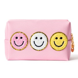 FSzhenloujia Preppy Smile Cosmetic Toiletry Bag - Patch Varsity Bag Aesthetic Waterproof Portable Back to School Clutch Purse Artificial Leather Zipper Bag Travel Party Makeup Bag for Women Girls