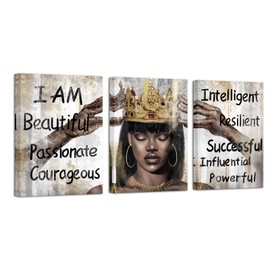 HOMEOART African American Wall Art Black Queen with Golden Crown Inspirational Motivational Painting Canvas Print Black Girl Bedroom Decor Living Room Decor Framed (12"x16"x3 Panels)