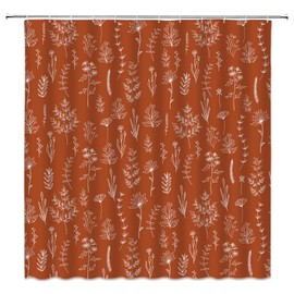 ABONAN Boho Floral Shower Curtain Orange Floral Botanical Western Terracotta Flower Modern Spring Retro Abstract Farmhouse Plants Leaves Mid Century Fabric Bathroom Decor Set with Hooks(70" WX70 H)