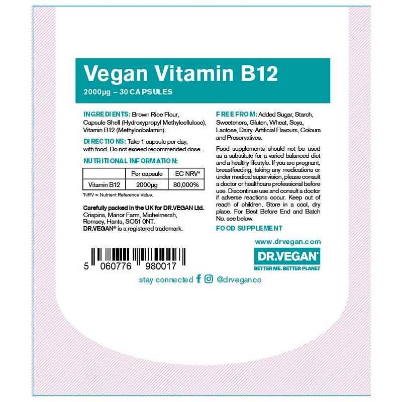 DR.VEGAN Daily Vitamin B12, 2000ug | 30 Vegan Capsules |