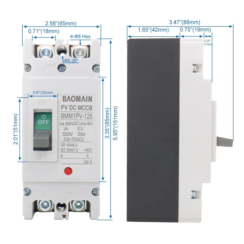 Baomain 100A DC Circuit Breaker 2 Pole 550V, Moulded Case