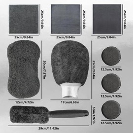 Vlecexs Car Cleaning Set, 9-Piece Car Wash Set, Car Cleaning Set, Car Care Set with Tyre Brush, Multi-Purpose Cleaning Cloths, Polishing Pad and Sponge Interior Cleaning for Automotive, Grey