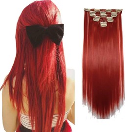 iLUU Heat Resistant Synthetic Fiber Straight Red Hair Extension Clip on Hairpiece Woman's 55m 22inch 100g Thick Clip in Hair Pieces Extensions for Women Party Cosplay (#113, 7pcs/16clips)
