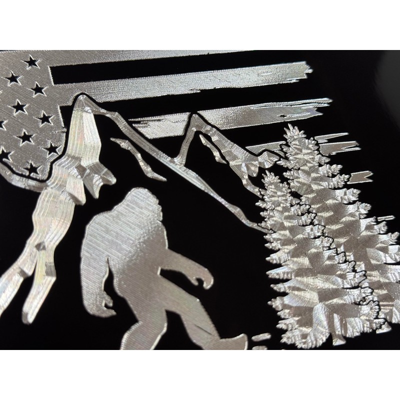 Engraved Big Foot Sasquatch US Flag Car Tag Diamond Etched