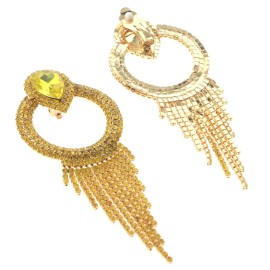 neXxtten Gold Tone Crystal Rhinestone Chain Tassel Clip-On Dangle Earrings ER2590-YLW