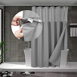 Waffle Weave Shower Curtain with Snap-in Fabric Liner Set, 12 Hooks Included - Hotel Style, Water-Repellent & Washable, Mesh Top Window - 71x72, Gray