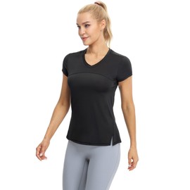 icyzone Women's Athletic Short Sleeve V-Neck Quick Dry T-Shirts for Workout Running Yoga (Black, XL)