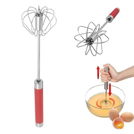 Stainless Steel Semi-Automatic Whisk Egg Whisk Hand Push Rotary Whisk Blender Semi Auto Egg Beater Hand Push Mixer Stirrer Egg Scrambler for Blending, Whisking, Frothing, Beating & Stirring, 12 Inch
