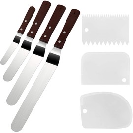 Awpeye 4 Packs Offset Spatula, Stainless Steel Cake Icing Spatula Set 4 6 8 10with Wooden Handle and 3 Packs Cake Smoother Scraper Set for Cake Decorating, Baking (Angled)