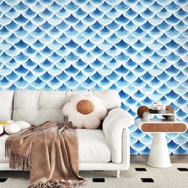 Mangoloo Abstract Blue Geometric Wallpaper Peel and Stick Boho Blue Wave Wallpaper Removable Ocean White Contact Paper for Cabinets Drawers Bedroom Laundry Self Adhesive Scallops Wall Mural 17.5"x102"