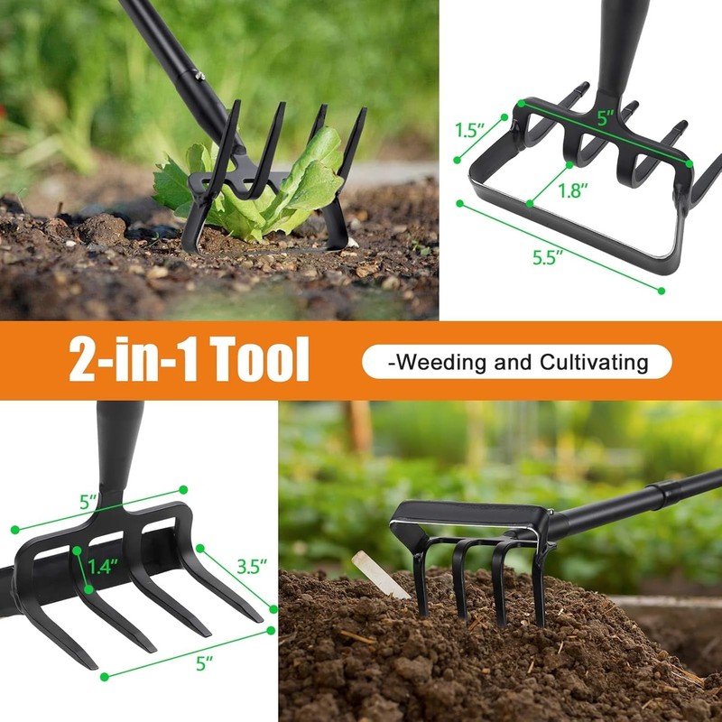 Garden Hoe, 2-in-1 Stirrup Action Hoe with 4-Tine Cultivator Rake,
