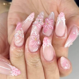 RUOKEXIN Almond Press on Nails French Tip Fake Nails Pink False Nails with 3D Butterfly Flower Designs Medium Length Nail Press ons Sparkly Artificial Nails Cute Stick on Nails for Women 24Pcs