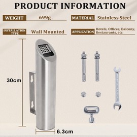 Stainless Steel Wall Ashtray, Round Ashtray, Wall Mounted for Outdoors, Lockable, Wall Ashtray for Hotel, Office or Balcony (Silver)