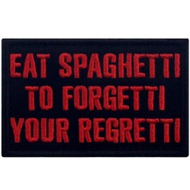 Parche bordado con texto en inglés "Eat Spaghetti to Forgetti Your Regretti", divertido diseño de motociclista, color rojo y negro