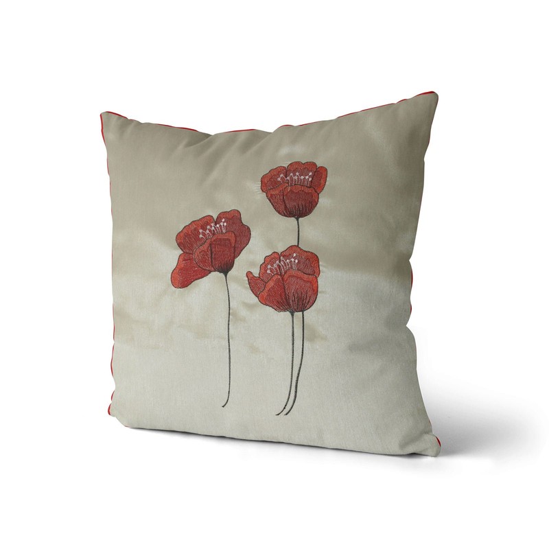 Cream Red Cushion Cover Poppies - 22" x 22"