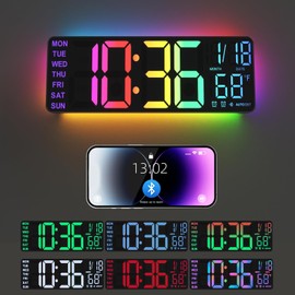 YISILE 13" Digital Wall Clock with Night Light,8 RGB Color,Dual Alarms with Large Display, Dimmer, Auto DST, Voice Control, Auto Time Sync,Remote Control for Living Room Bedroom,Gift for All Ages