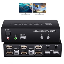 2 Ports Dual Monitor KVM Switch, 4K@60Hz KVM Switch 2 Monitors 2 Computers, KVM Dual Monitor HDMI Switcher 2x2 for 2 Computers Share 2 Displays and 5 USB 2.0 Ports, Wired Remote and USB Power Cable