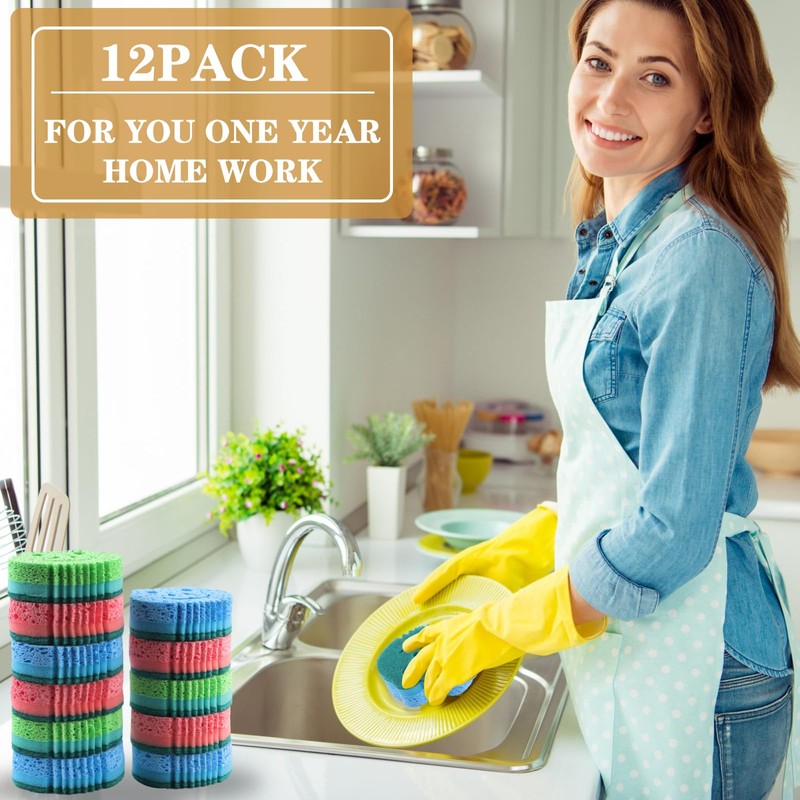 12 Pack Dual Sided Scrub Sponge, Bulk Sponges,Dual-Sided Multi-Functional Premium