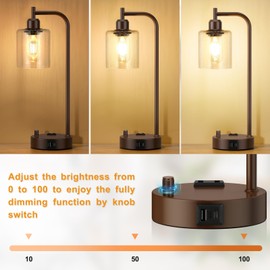 Innqoo Industrial Table Lamps for Bedrooms Set of 2 - Fully Dimmable Bedside Lamps with USB Ports and Outlet, Brown Nightstand Lamps with Glass Shade for Living Room, Desk Lamps for Office Reading