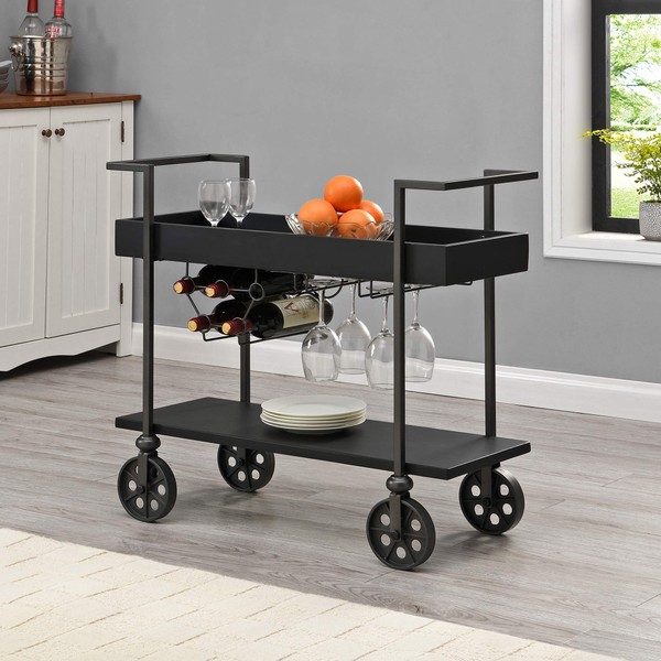 FirsTime & Co.® Black Factory Row Industrial Farmhouse Bar Cart, American Designed, Black, 29.75 x 14.25 x 32.75 inches