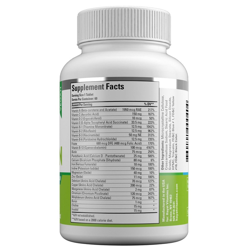 HAYAT Vitamins Vegan Natural Multivitamin, Daily Vitamins with Vitamin A,