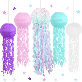 ADLKGG Hanging Jelly Fish Paper Lanterns, Pink Purple Blue White Paper Lanterns for Mermaid Theme Party Under The Sea Ocean Birthday Decorations, Set of 5