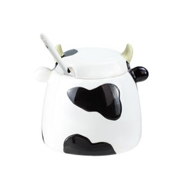 Bicuzat Cute Cow Pattern Ceramic Sugar Bowl, Cow Shaped Salt Bowl with Lid Spoon Set, 15 OZ