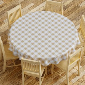 Sorfey Tablecloth - Vinyl with Flannel Back, 70" Round, Water Proof, Easy to Clean, Checked Beige Design