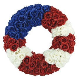 22" Diameter Patriotic Rose Wreath, Red White Blue Artificial Flowers, American Flag Design, Front Door Decor