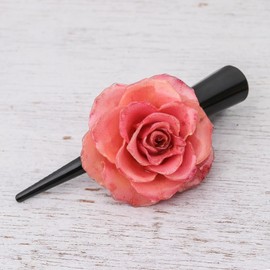 NOVICA Artisan Handmade Natural Rose Hair Clip Pink Sweetheart from Thailand Stainless Steel Bar Floral [3.1 in L x 1.5 in W x 1.1 in D] ' Pink Sweetheart'