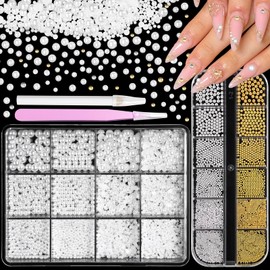 Flat Back Nail Pearls for Nails Art, Silver Gold Round Metal Caviar Beads Nail Gems, White Round Pearl Half Pearl for Crafting, Small Beads Nail Charms for Nail Art Jewels DIY Supplies