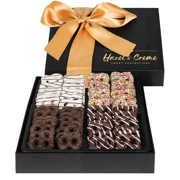 Chocolate Mini Pretzel Gift Basket - Chocolate Covered Pretzels Gift Box - Gourmet Holiday Food Arrangement - Snack Treat Gift, Purim, Thank You, Employee Appreciation