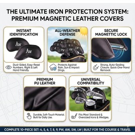 All Teed Up Premium Magnetic Leather Iron and Wedge Golf Club Head Covers | Set of 10 | Fits Most Clubs | Embroidered Club Label on Both Sides of Club Head Cover