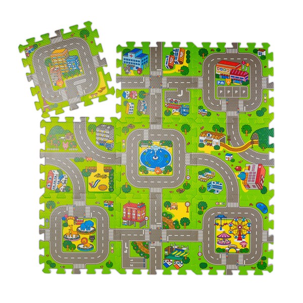 Relaxdays Tappeto Puzzle con Immagine di Una Strada, per Bimbi, 9, Atossico, Gommapiuma Eva, 90x90 cm, Colorato, Multicolore, Set da 9X tasselli