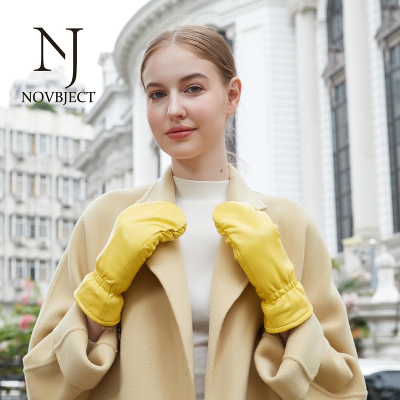 NOVBJECT Women Leather Mittens Finger Rabbit fur Lining Winter Sheepskin